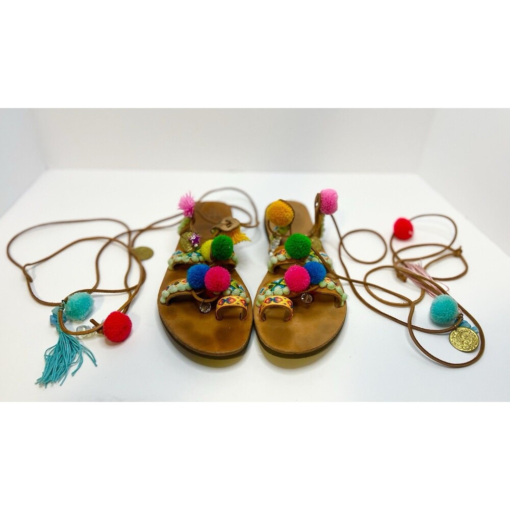 Mabu by Maria BK Gladiator Leather Boho Sandals with Colorful Pom-Poms Size 40